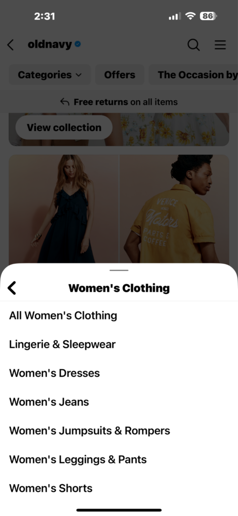 Example of Old Navy social commerce highlighting their women's apparel. 
