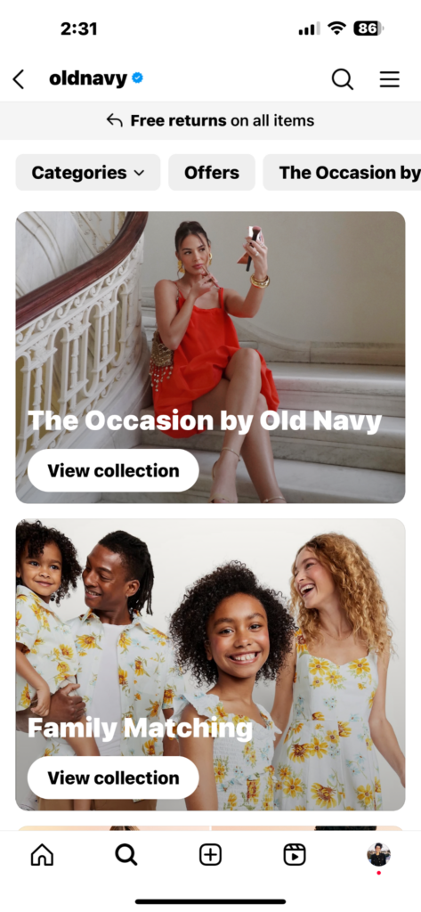 Example of shoppable content on social media from Old Navy. 